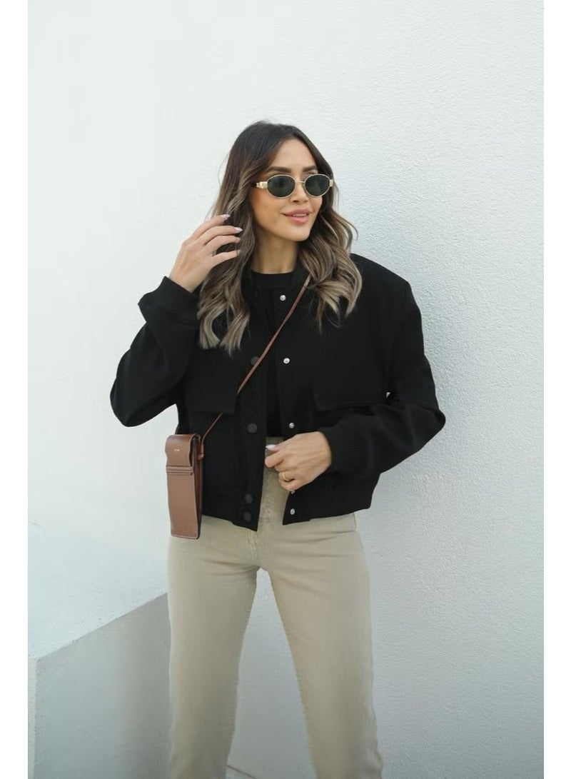 Havos Black Wide Pocket Bomber Jacket - Image 4